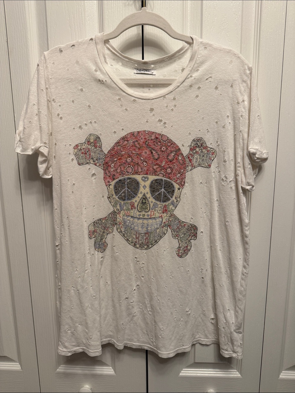 Lauren Moshi Off White Skull Tee with Red Bandana - Halloween Costume - Size XL